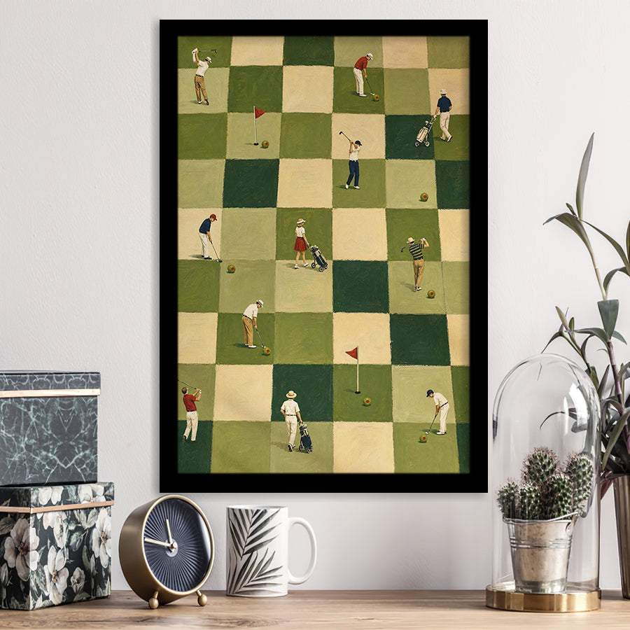 Tiny Golfers Checkerboard Olive, Green Office Wall Art, Funny Golf Print, Framed Art Print, Fine Art Wall Decor