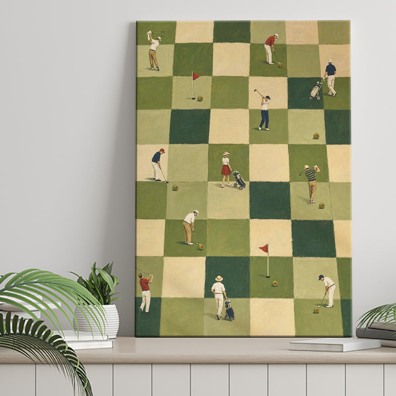 Tiny Golfers Checkerboard Olive, Green Office Wall Art, Funny Golf Print, Canvas Print Wall Art, Wall Decor