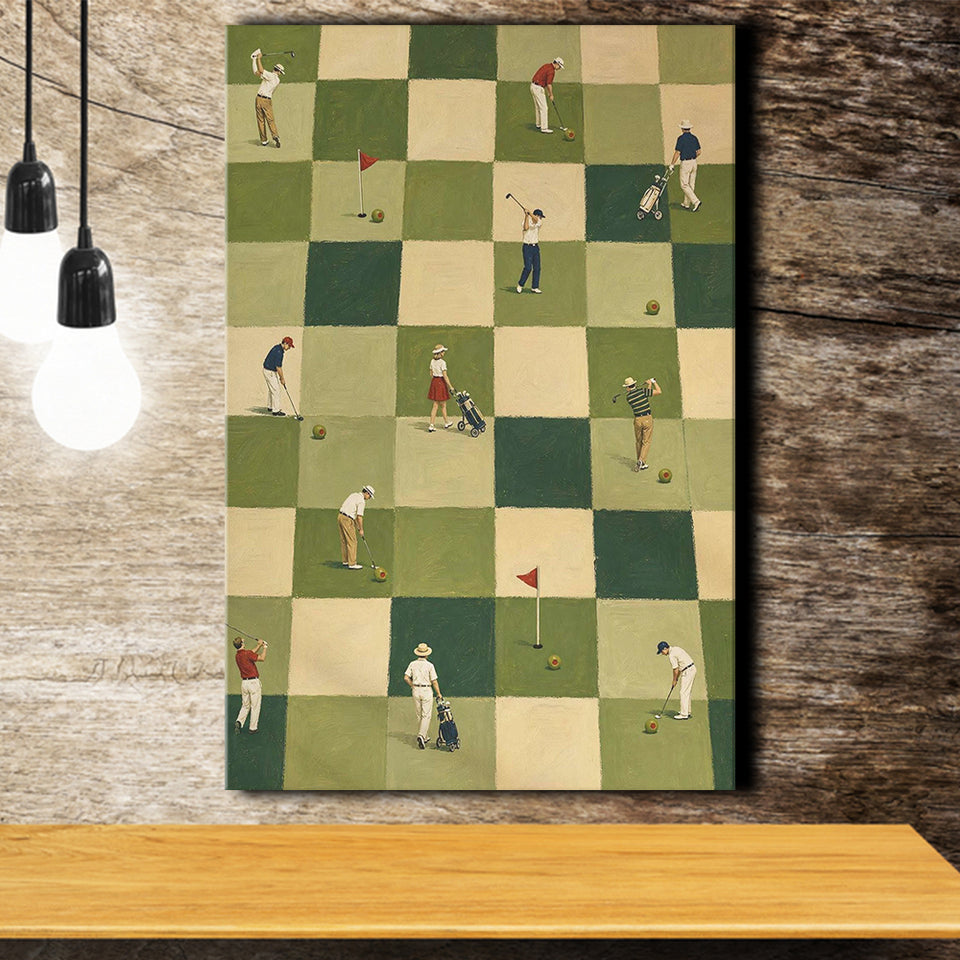 Tiny Golfers Checkerboard Olive, Green Office Wall Art, Funny Golf Print, Canvas Print Wall Art, Wall Decor