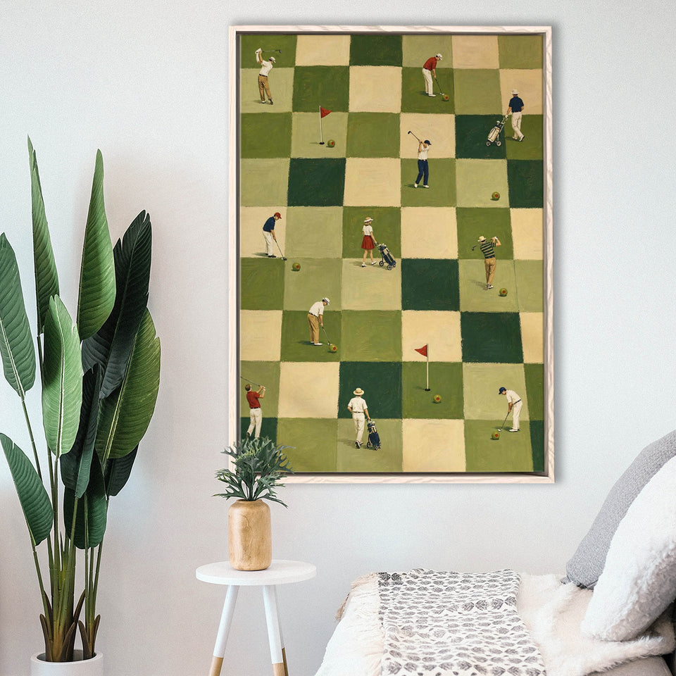Tiny Golfers Checkerboard Olive, Green Office Wall Art, Funny Golf Print, Framed Canvas Print, Floating Frame