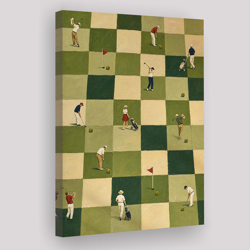 Tiny Golfers Checkerboard Olive, Green Office Wall Art, Funny Golf Print, Canvas Print Wall Art, Wall Decor