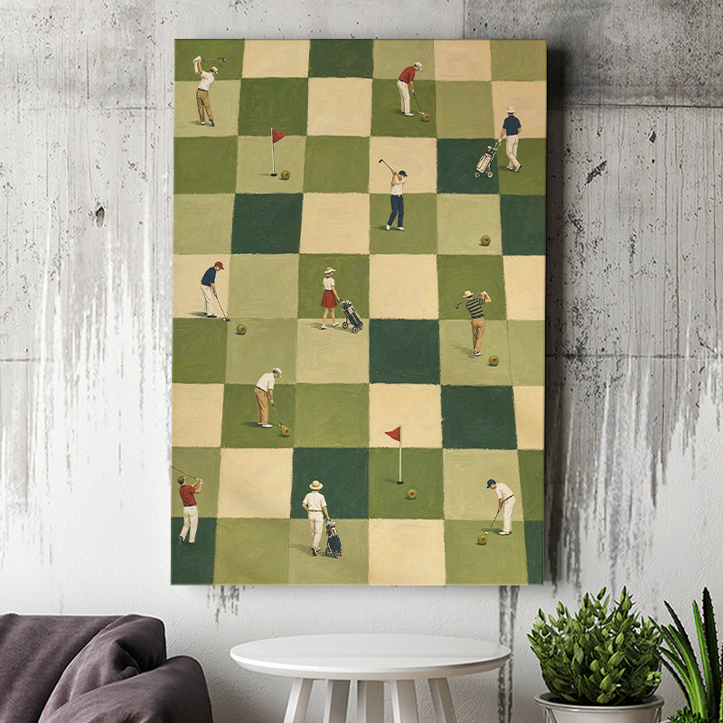 Tiny Golfers Checkerboard Olive, Green Office Wall Art, Funny Golf Print, Canvas Print Wall Art, Wall Decor