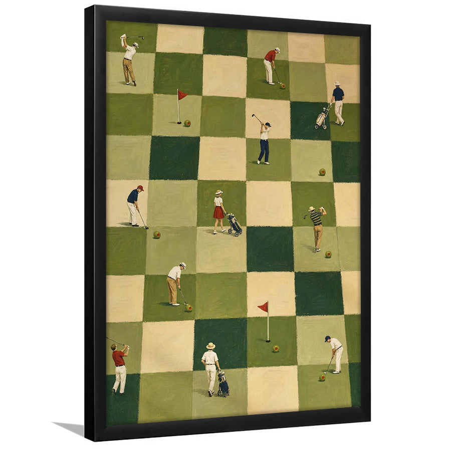 Tiny Golfers Checkerboard Olive, Green Office Wall Art, Funny Golf Print, Framed Art Print, Fine Art Wall Decor