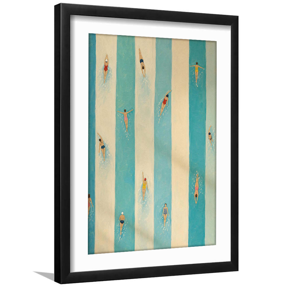 Tiny Swimmers Pool, Blue Striped Swimming Wall Art, Retro Coastal Summer Print, Framed Art Print White Border