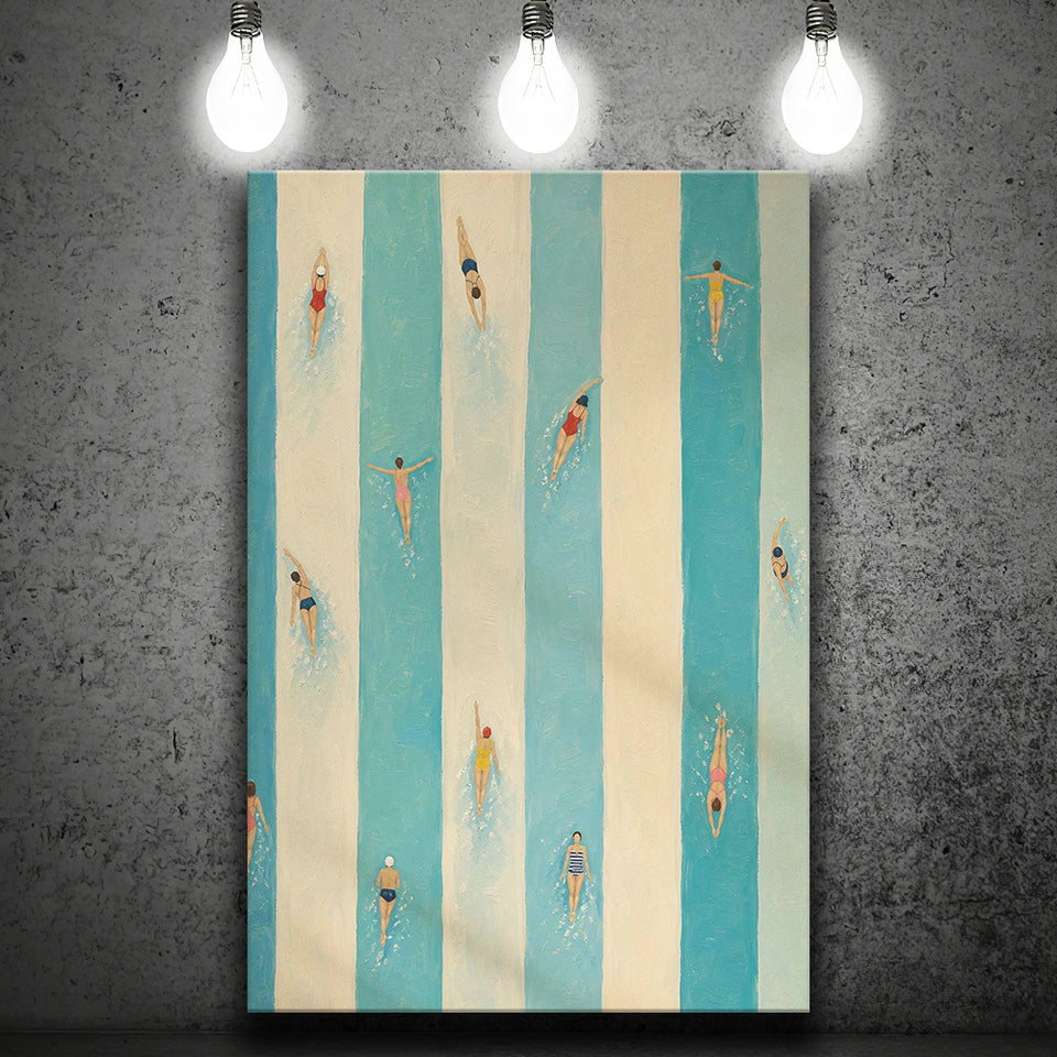 Tiny Swimmers Pool, Blue Striped Swimming Wall Art, Retro Coastal Summer Print, Canvas Print Wall Art, Wall Decor