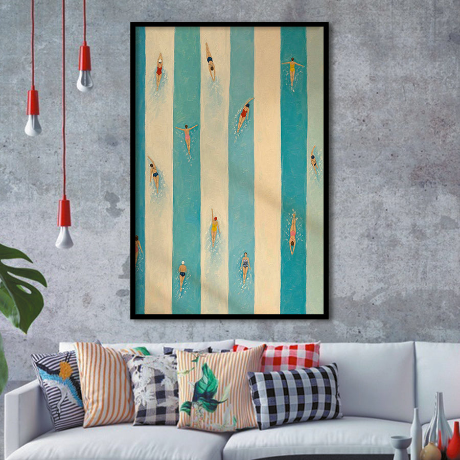 Tiny Swimmers Pool, Blue Striped Swimming Wall Art, Retro Coastal Summer Print, Framed Art Print, Fine Art Wall Decor