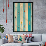 Tiny Swimmers Pool, Blue Striped Swimming Wall Art, Retro Coastal Summer Print, Framed Art Print, Fine Art Wall Decor