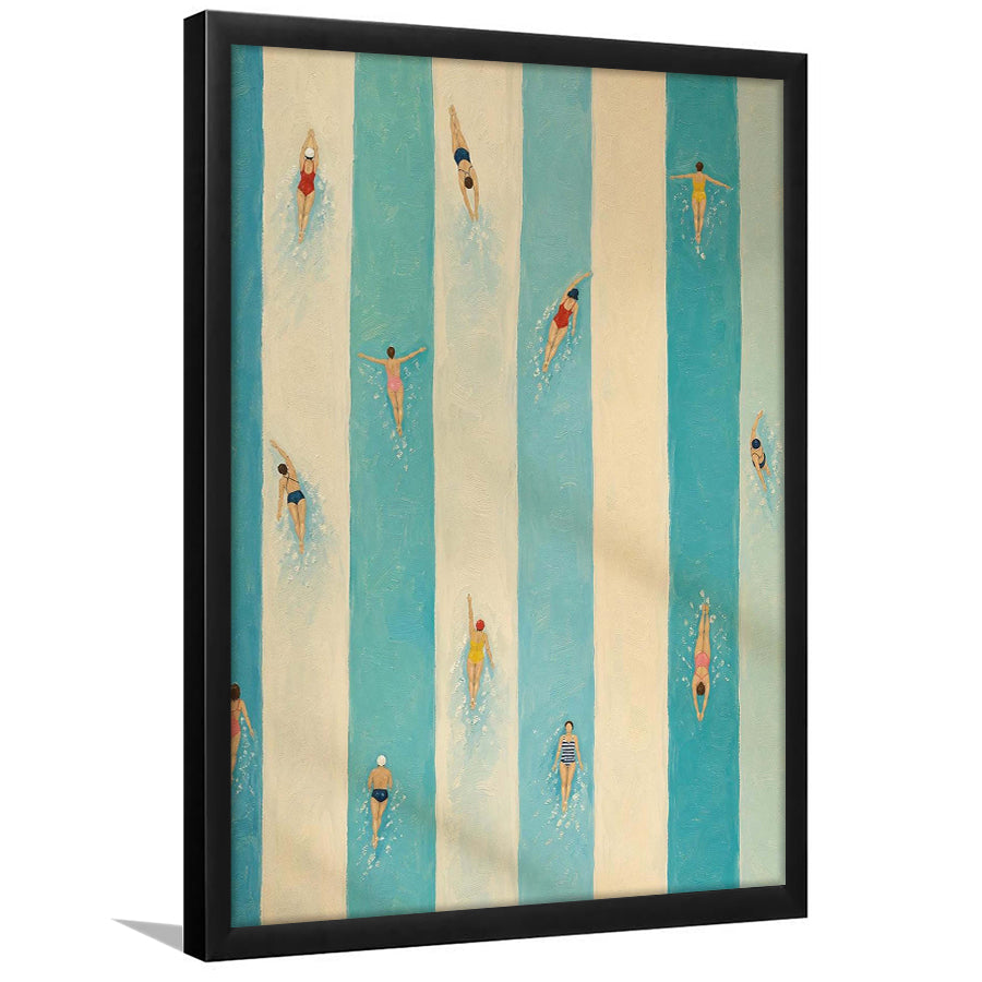 Tiny Swimmers Pool, Blue Striped Swimming Wall Art, Retro Coastal Summer Print, Framed Art Print, Fine Art Wall Decor