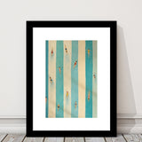 Tiny Swimmers Pool, Blue Striped Swimming Wall Art, Retro Coastal Summer Print, Framed Art Print White Border