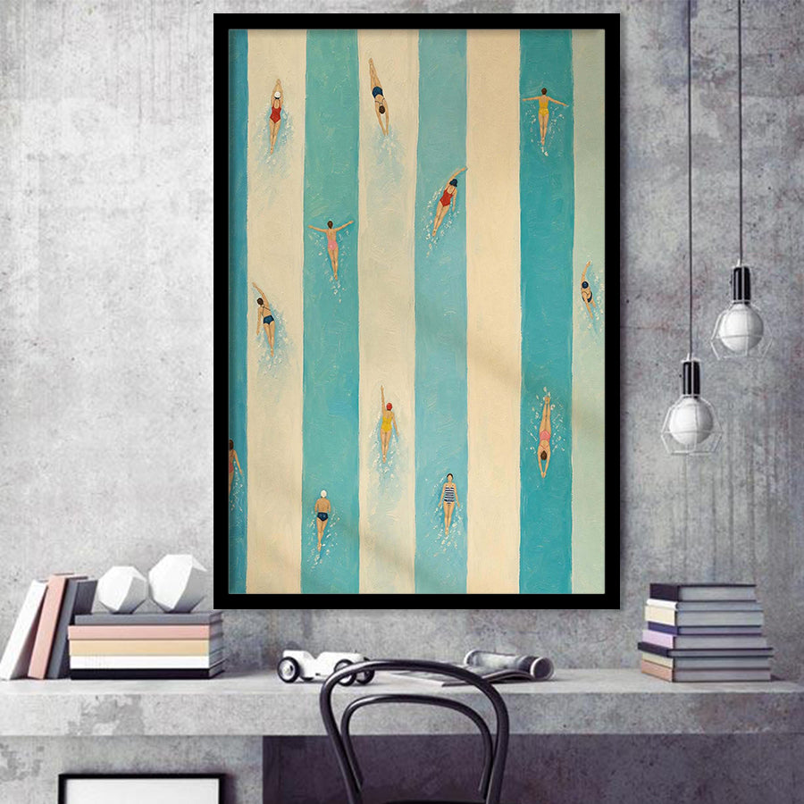 Tiny Swimmers Pool, Blue Striped Swimming Wall Art, Retro Coastal Summer Print, Framed Art Print, Fine Art Wall Decor
