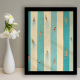 Tiny Swimmers Pool, Blue Striped Swimming Wall Art, Retro Coastal Summer Print, Framed Art Print, Fine Art Wall Decor