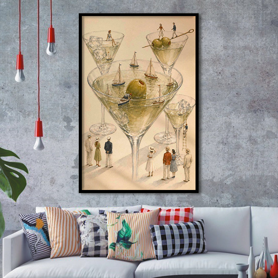 Tiny Whimsical Martini, Cocktail Wall Art, Surreal Sailboat Art Print, Olive Bar Decor, Framed Art Print, Fine Art Wall Decor