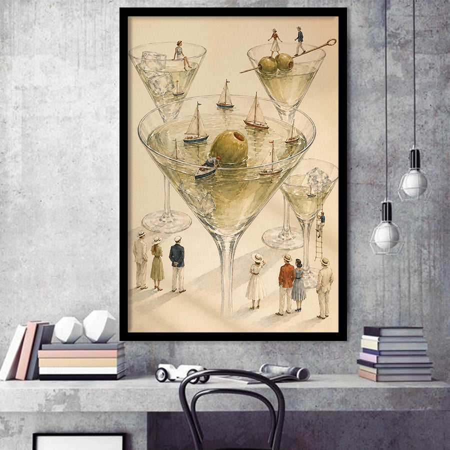 Tiny Whimsical Martini, Cocktail Wall Art, Surreal Sailboat Art Print, Olive Bar Decor, Framed Art Print, Fine Art Wall Decor