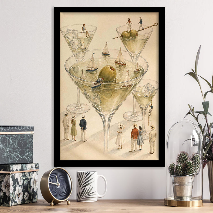 Tiny Whimsical Martini, Cocktail Wall Art, Surreal Sailboat Art Print, Olive Bar Decor, Framed Art Print, Fine Art Wall Decor