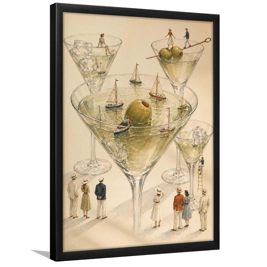 Tiny Whimsical Martini, Cocktail Wall Art, Surreal Sailboat Art Print, Olive Bar Decor, Framed Art Print, Fine Art Wall Decor