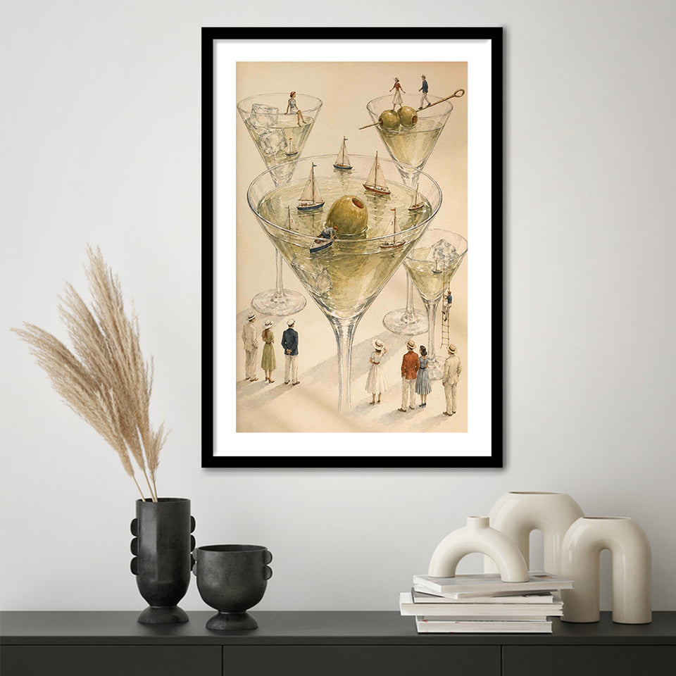 Tiny Whimsical Martini, Cocktail Wall Art, Surreal Sailboat Art Print, Olive Bar Decor, Framed Art Print White Border