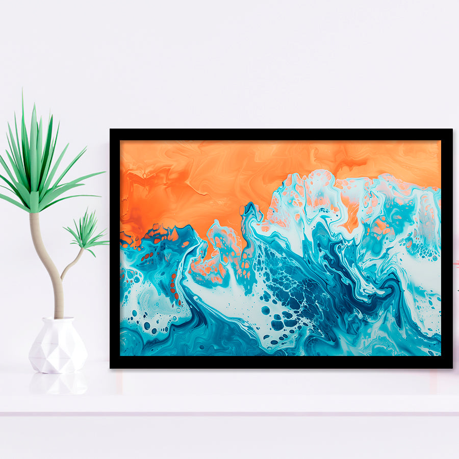 Turquoise Wave Acrylic Painting Mixed Color V1, Framed Art Print Wall Decor, Framed Picture