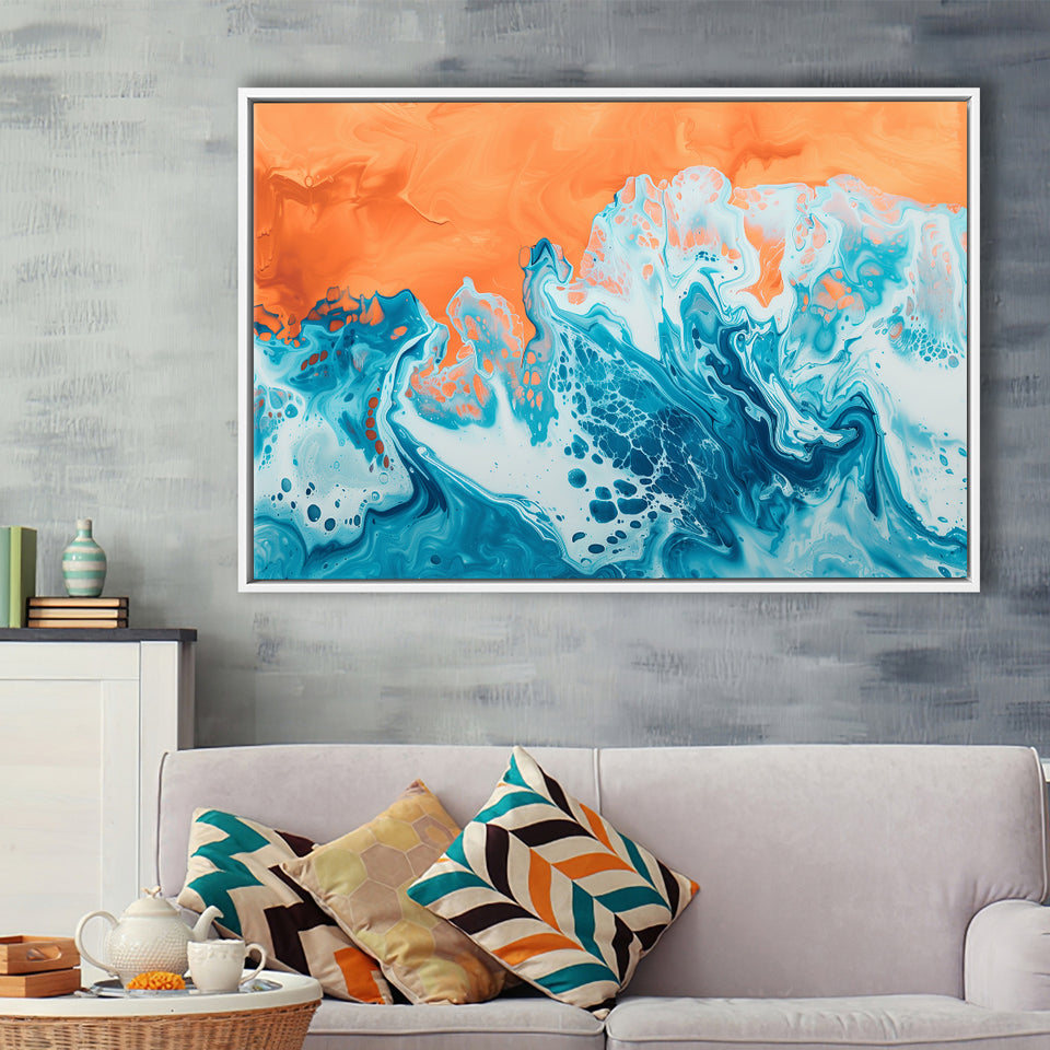 Turquoise Wave Acrylic Painting Mixed Color V1, Framed Canvas Painting, Framed Canvas Prints Wall Art Decor