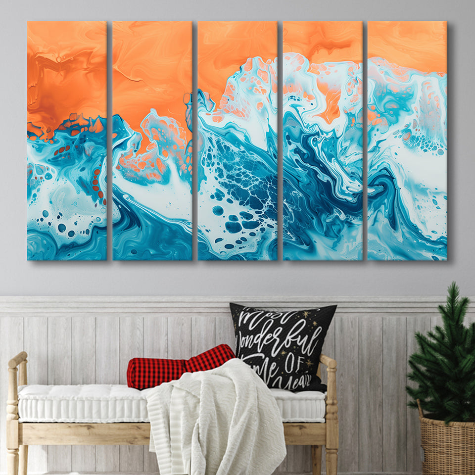 Turquoise Wave Acrylic Painting Mixed Color V1, 5 Panels Extra Large Canvas, Canvas Prints Wall Art Decor