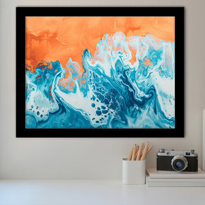 Turquoise Wave Acrylic Painting Mixed Color V1, Framed Art Print Wall Decor, Framed Picture