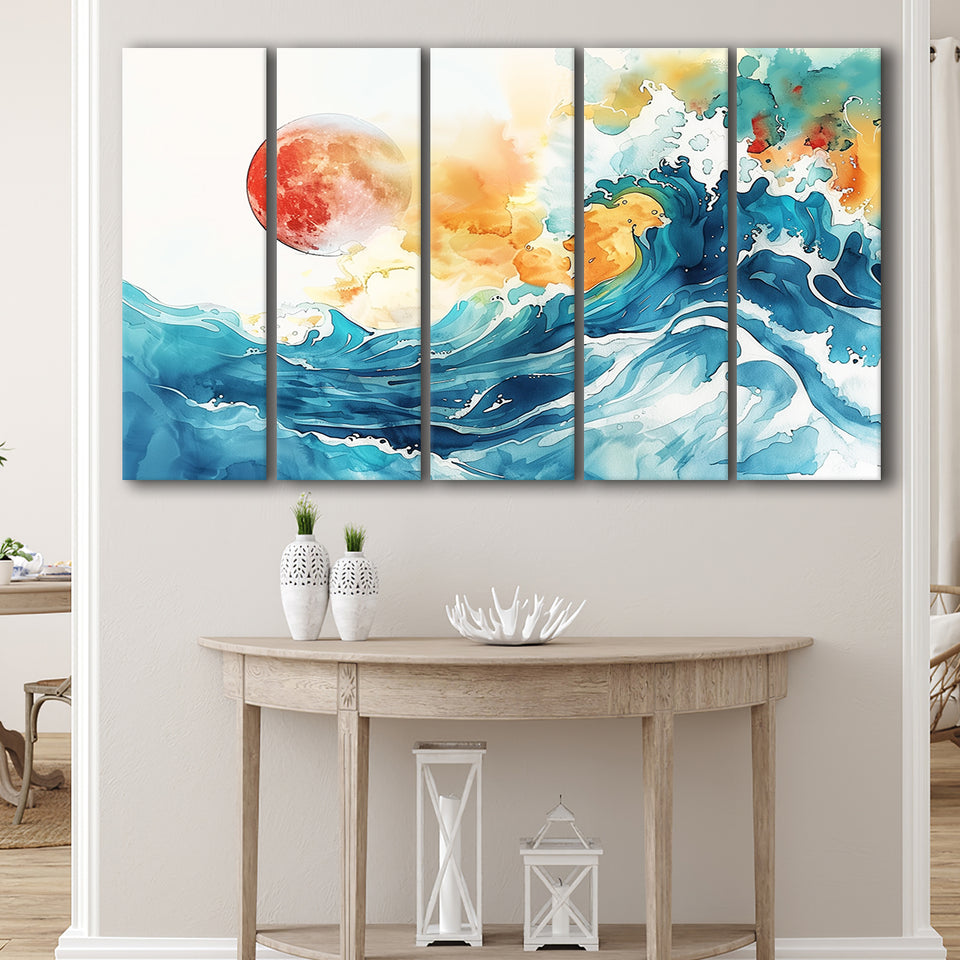 Turquoise Wave And Sun Watercolor Painting V2, 5 Panels Extra Large Canvas, Canvas Prints Wall Art Decor