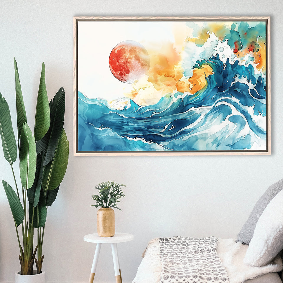Turquoise Wave And Sun Watercolor Painting V2, Framed Canvas Painting, Framed Canvas Prints Wall Art Decor