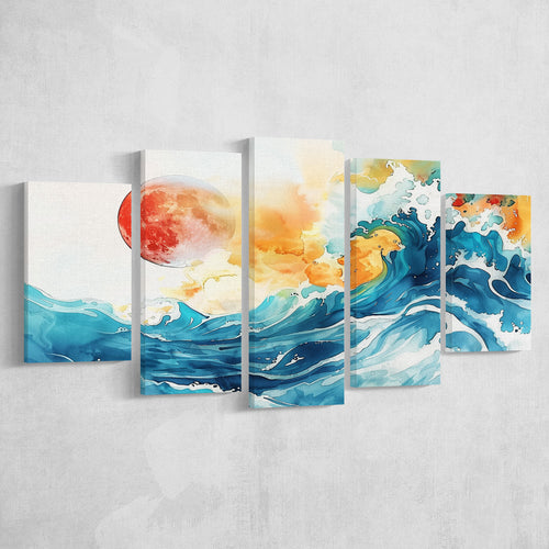 Turquoise Wave And Sun Watercolor Painting V2, 5 Panels Mixed Large Canvas, Canvas Prints Wall Art Decor