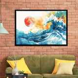 Turquoise Wave And Sun Watercolor Painting V2, Framed Art Print Wall Decor, Framed Picture