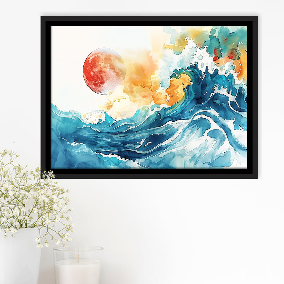 Turquoise Wave And Sun Watercolor Painting V2, Framed Canvas Painting, Framed Canvas Prints Wall Art Decor