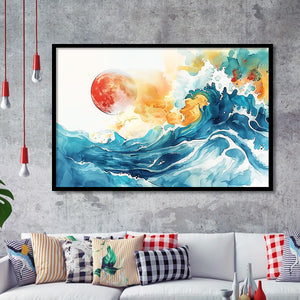 Turquoise Wave And Sun Watercolor Painting V2, Framed Art Print Wall Decor, Framed Picture