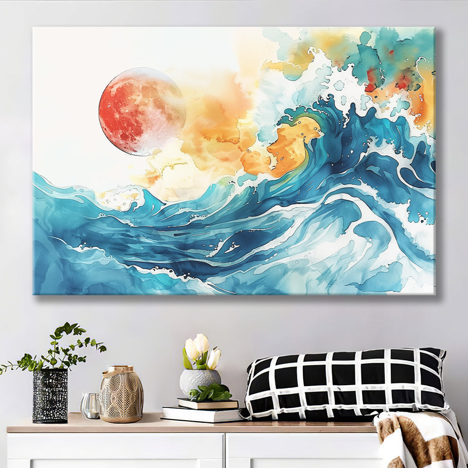 Turquoise Wave And Sun Watercolor Painting V2, Canvas Painting, Canvas Prints Wall Art Decor