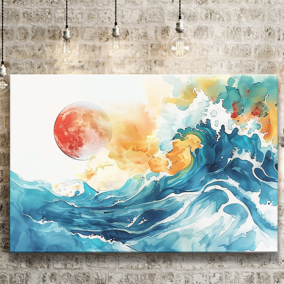 Turquoise Wave And Sun Watercolor Painting V2, Canvas Painting, Canvas Prints Wall Art Decor