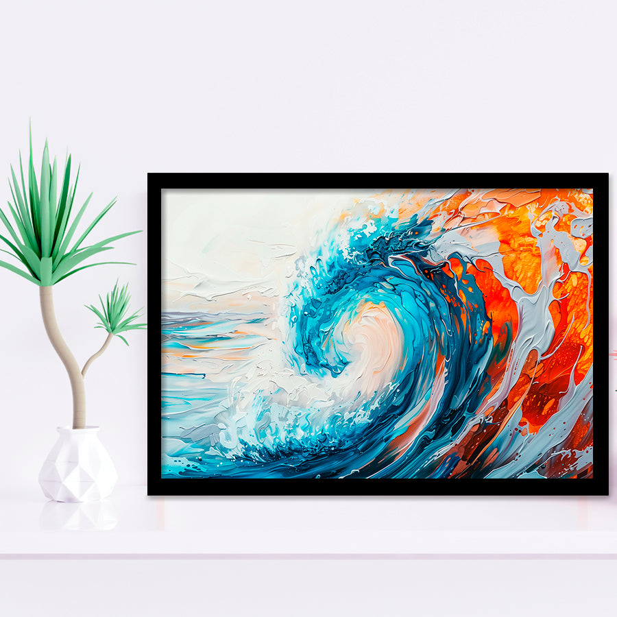 Turquoise Wave Ebossed Oil Painting Mixed Color V2, Framed Art Print Wall Decor, Framed Picture