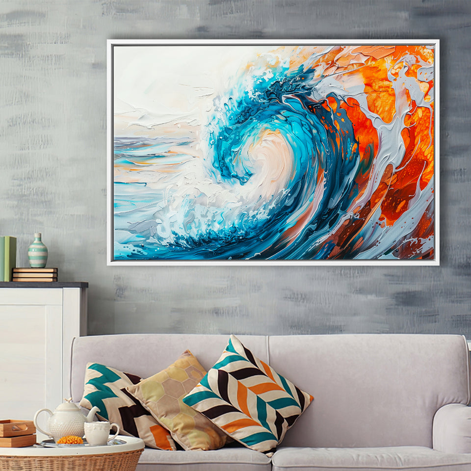 Turquoise Wave Ebossed Oil Painting Mixed Color V2, Framed Canvas Painting, Framed Canvas Prints Wall Art Decor