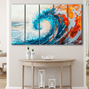 Turquoise Wave Ebossed Oil Painting Mixed Color V2, 5 Panels Extra Large Canvas, Canvas Prints Wall Art Decor