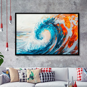 Turquoise Wave Ebossed Oil Painting Mixed Color V2, Framed Art Print Wall Decor, Framed Picture