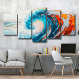 Turquoise Wave Ebossed Oil Painting Mixed Color V2, 5 Panels Mixed Large Canvas, Canvas Prints Wall Art Decor