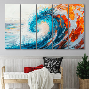 Turquoise Wave Ebossed Oil Painting Mixed Color V2, 5 Panels Extra Large Canvas, Canvas Prints Wall Art Decor