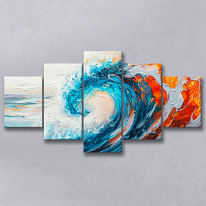 Turquoise Wave Ebossed Oil Painting Mixed Color V2, 5 Panels Mixed Large Canvas, Canvas Prints Wall Art Decor