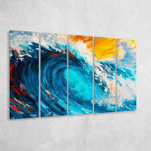 Turquoise Wave Ebossed Oil Painting Mixed Color V3, 5 Panels Extra Large Canvas, Canvas Prints Wall Art Decor