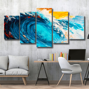 Turquoise Wave Ebossed Oil Painting Mixed Color V3, 5 Panels Mixed Large Canvas, Canvas Prints Wall Art Decor