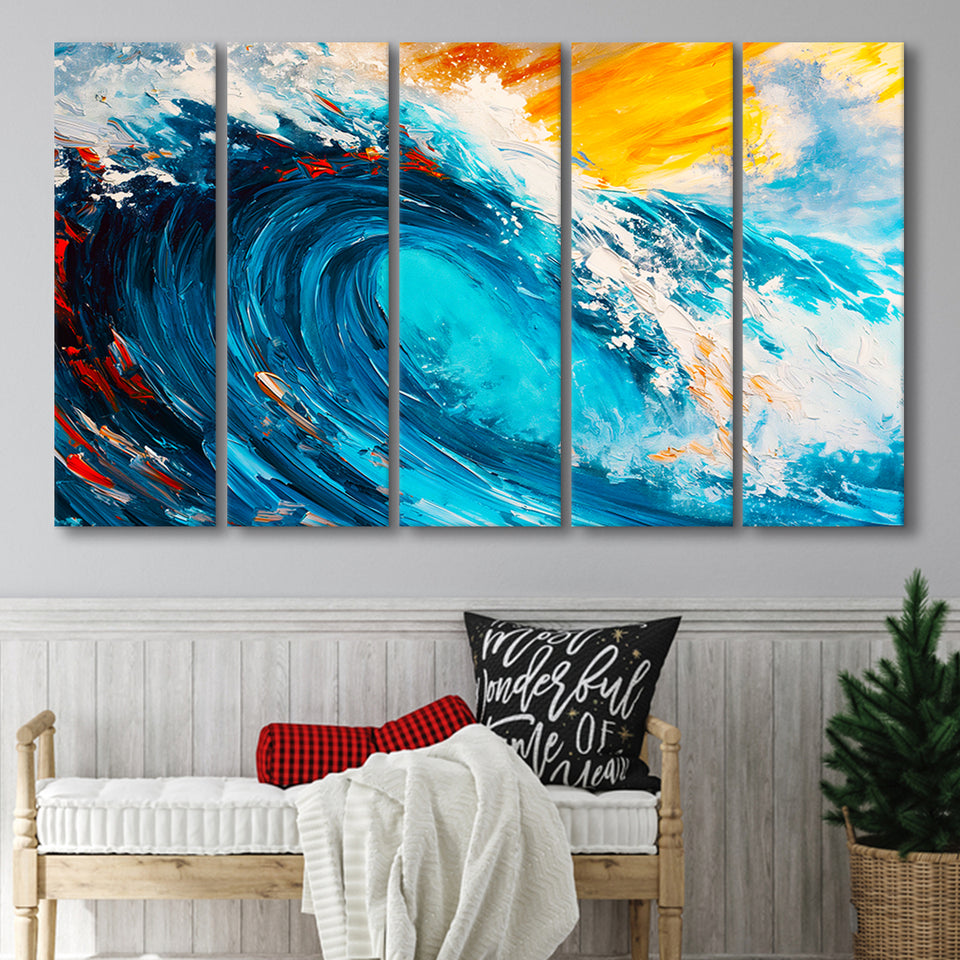 Turquoise Wave Ebossed Oil Painting Mixed Color V3, 5 Panels Extra Large Canvas, Canvas Prints Wall Art Decor