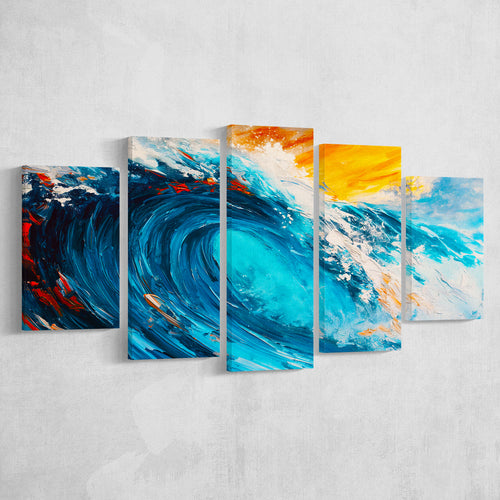 Turquoise Wave Ebossed Oil Painting Mixed Color V3, 5 Panels Mixed Large Canvas, Canvas Prints Wall Art Decor