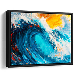 Turquoise Wave Ebossed Oil Painting Mixed Color V3, Framed Canvas Painting, Framed Canvas Prints Wall Art Decor