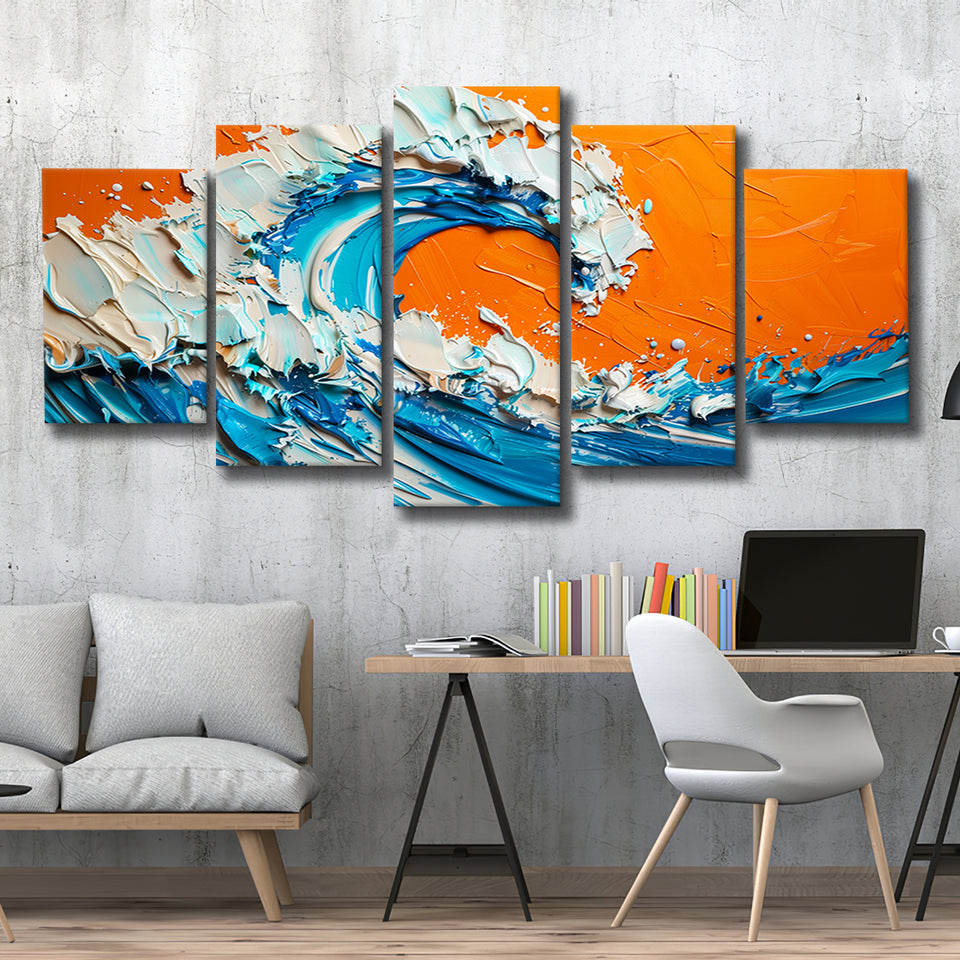 Turquoise Wave Oil Panting V2, 5 Panels Mixed Large Canvas, Canvas Prints Wall Art Decor