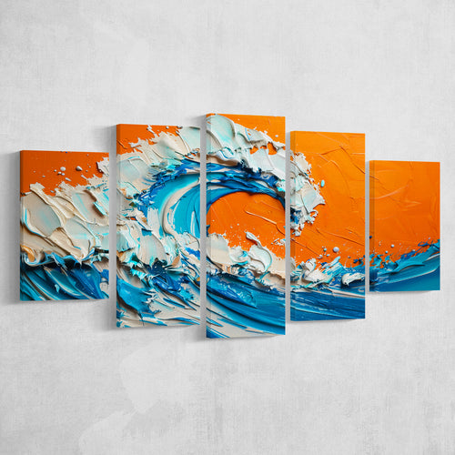 Turquoise Wave Oil Panting V2, 5 Panels Mixed Large Canvas, Canvas Prints Wall Art Decor