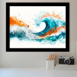 Turquoise Wave Watercolor Painting V1, Framed Art Print Wall Decor, Framed Picture