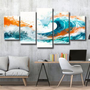Turquoise Wave Watercolor Painting V1, 5 Panels Mixed Large Canvas, Canvas Prints Wall Art Decor