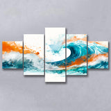 Turquoise Wave Watercolor Painting V1, 5 Panels Mixed Large Canvas, Canvas Prints Wall Art Decor