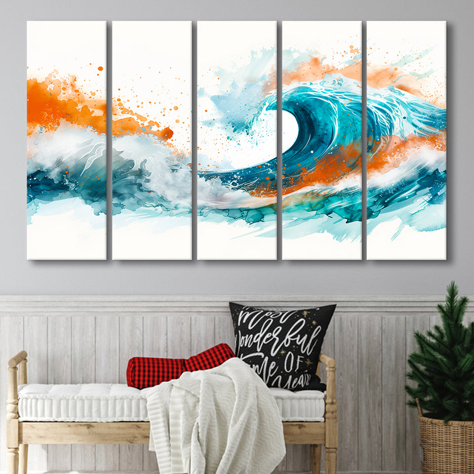 Turquoise Wave Watercolor Painting V1, 5 Panels Extra Large Canvas, Canvas Prints Wall Art Decor
